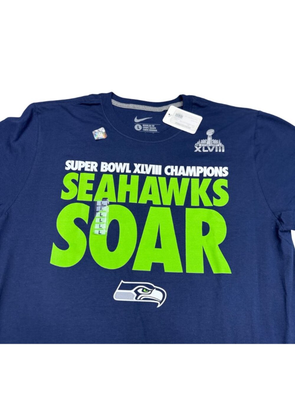 Nike Seattle Seahawks SOAR Super Bowl XLVIII Champions SS T-Shirt Navy L NWT - Picture 3 of 6
